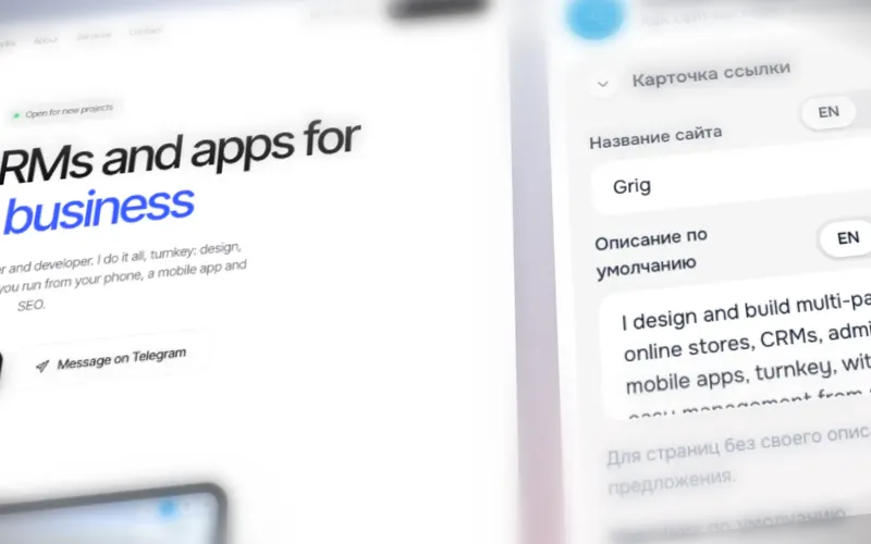 Search and link preview settings in the Grig Studio site builder, SEO for websites in Georgia
