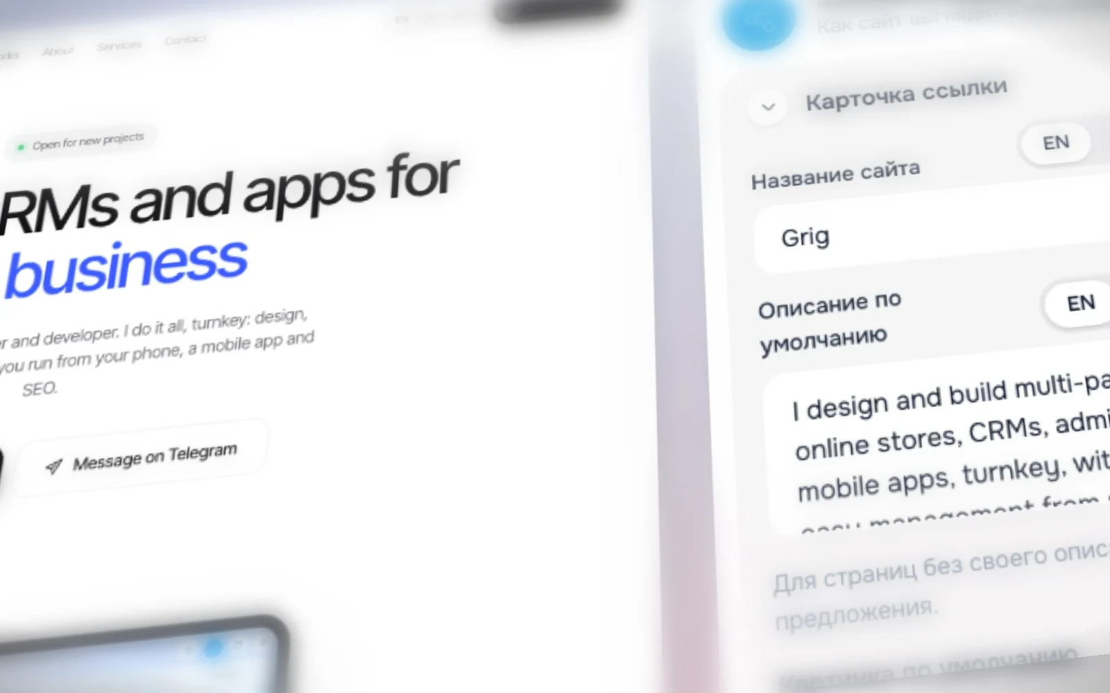 Search and link preview settings in the Grig Studio site builder, SEO for websites in Georgia