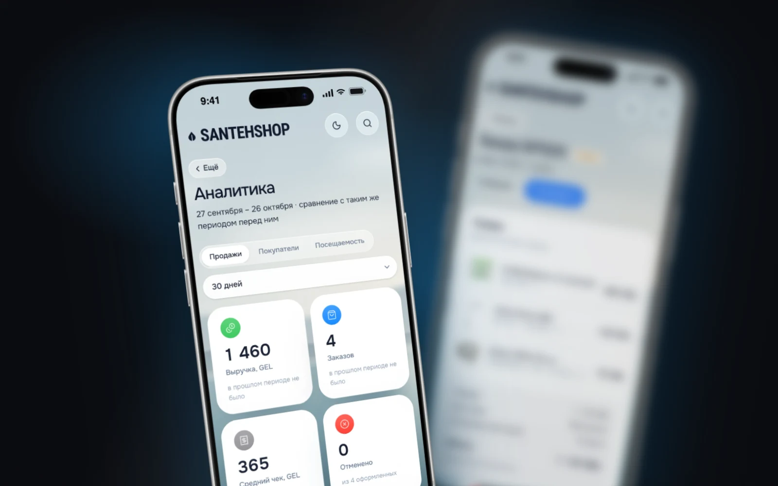 Sales analytics and an order card in the store admin on a phone